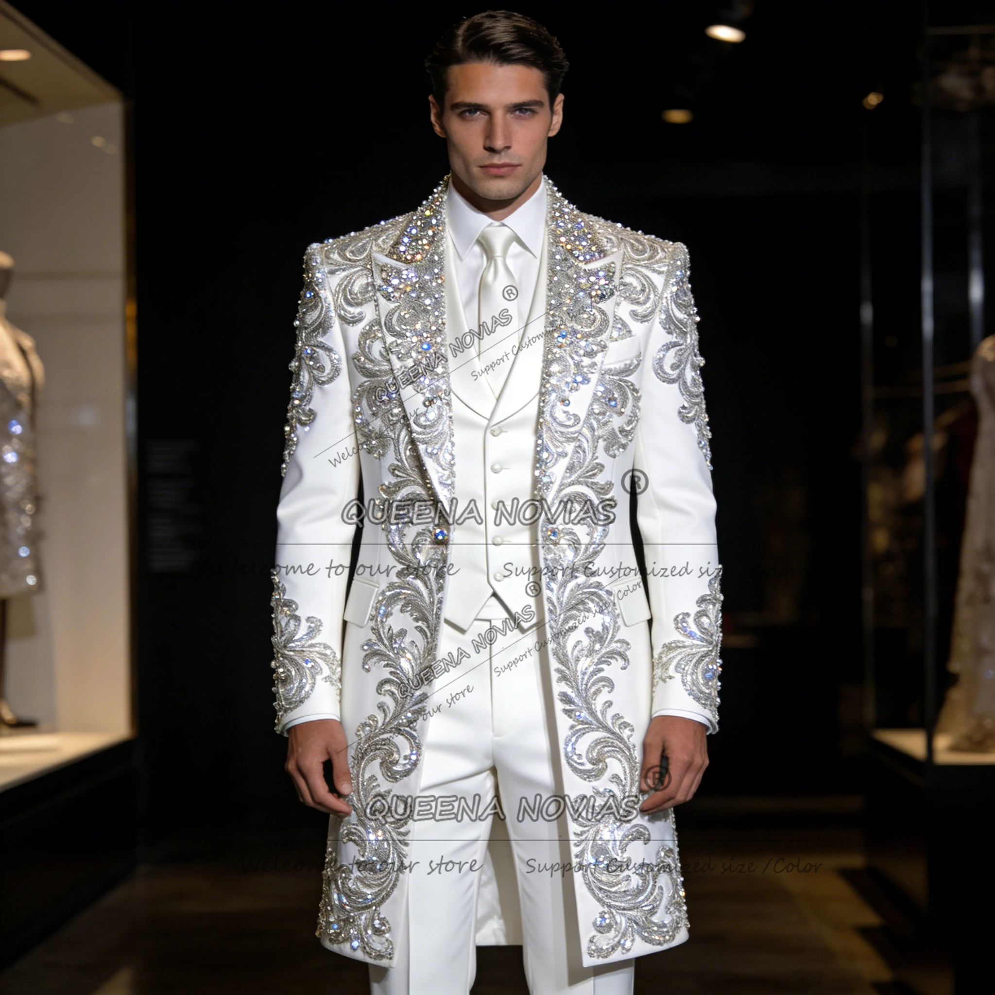 Male Fashion Beaded Crystals Suits Men For Wedding 3 Piece Set Single Breasted Blazers Long Customized Groom Banquet Tuxedos