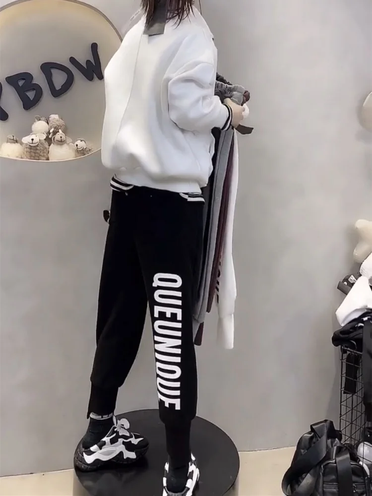 

Свободные женские спортивные брюки на весну-осень, новые, универсальные, с эластичным поясом, повседневные, с высокой талией