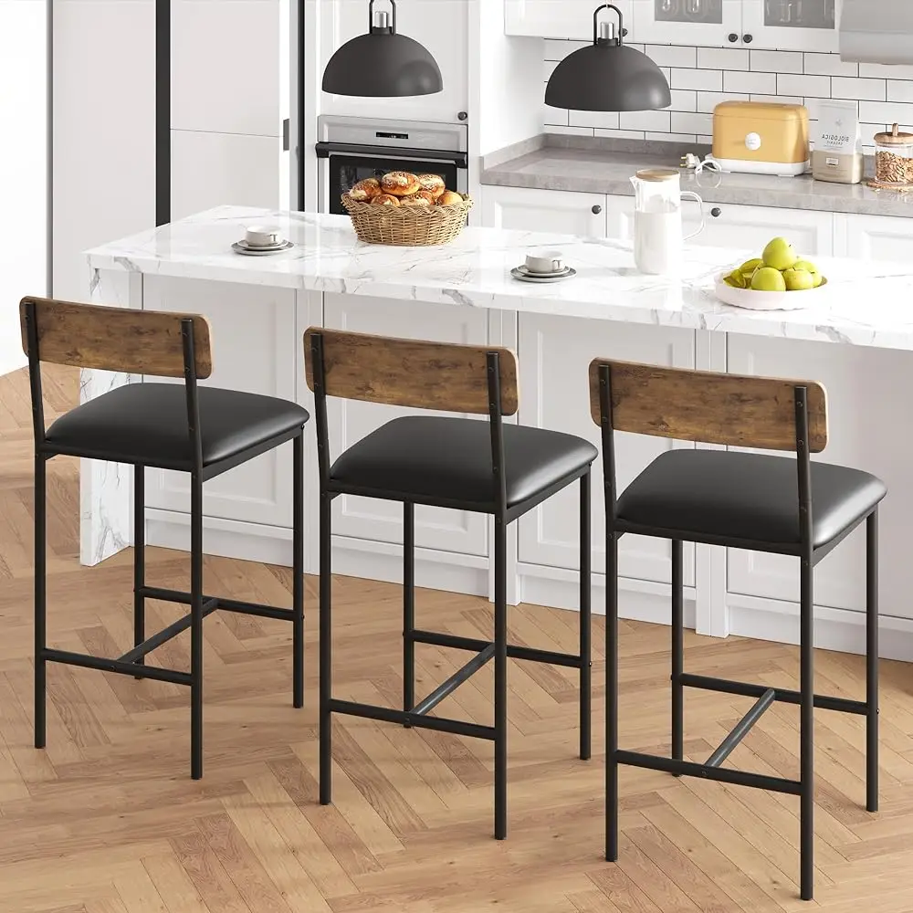 Bar Stools Set Of 2, Upholstered Height Bar Stools With Backrest And Footrest, Kitchen Barstools For Island,Counter Bar, Easy