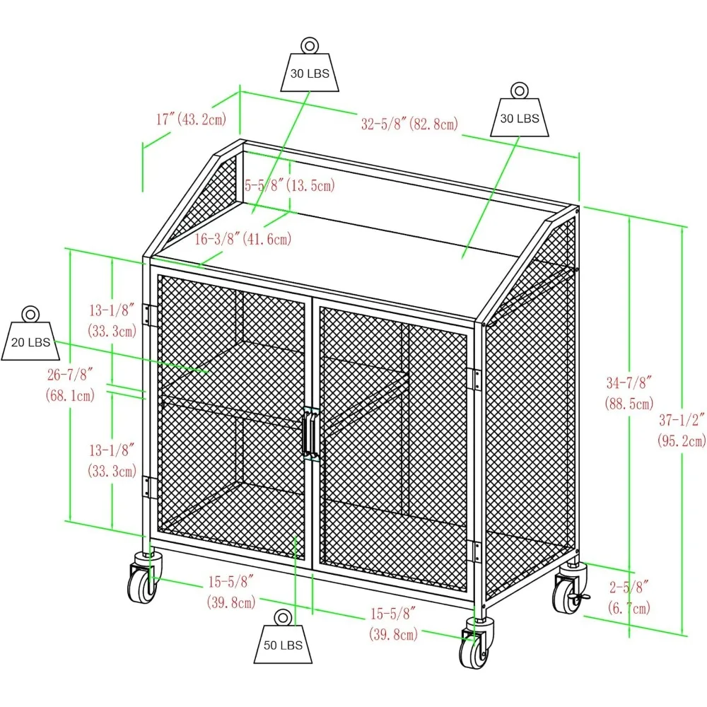 Malcomb Stedelijke Industriële Metalen Mesh Dubbele Deur Rollende Barkast, 33 Inch, Rustiek Eiken