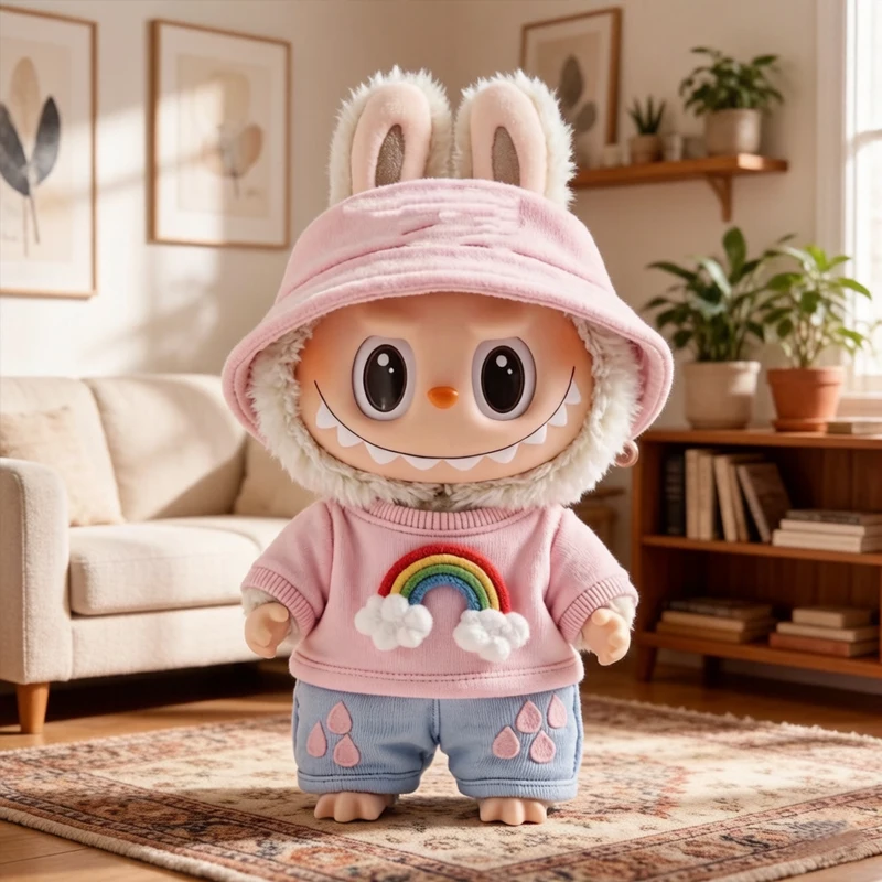 

17cm Summer Mood Baby Clothes Generation Standing Pendant Labubu Doll Replacement Set Cute Doll Baby Strap Pants Fisherman Hat