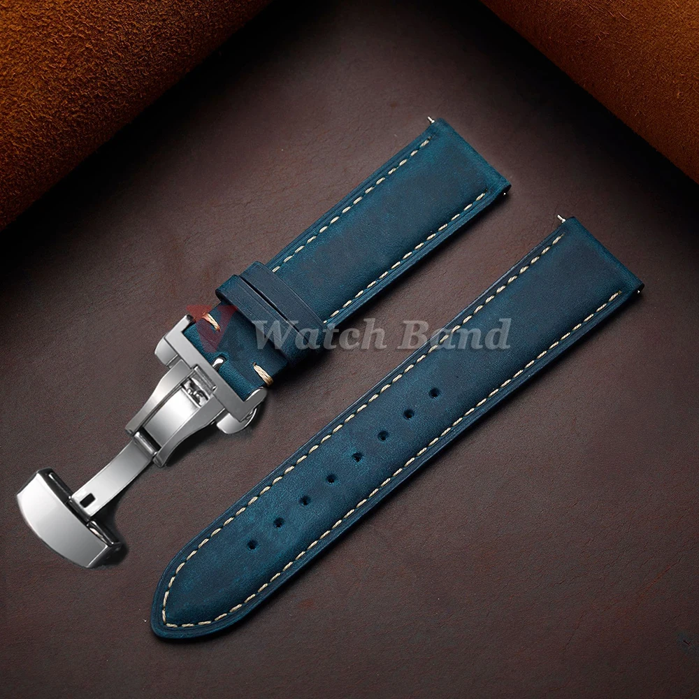 nxalp Echtes Kalbslederarmband für Omega Business Uhrenarmband für Seiko 14/16/18/20/22/24 mm Butterfly-Schnallennaht, braunes Armband 3