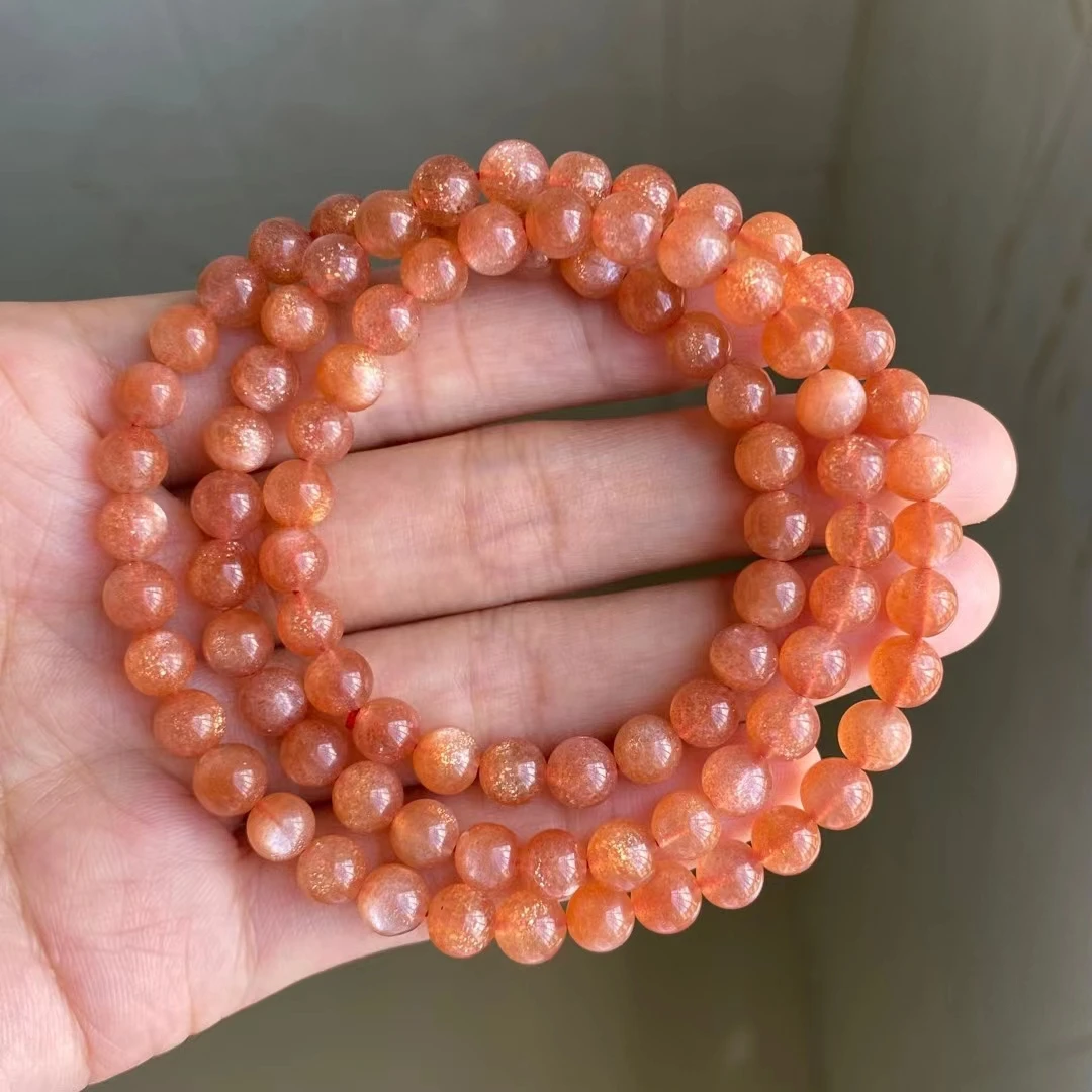 

Natural Orange Sunstone Quartz Gold Moonstone 3 Laps Crystal Bracelet 6mm Star Light Round Beads Woman Stretch AAAAAA