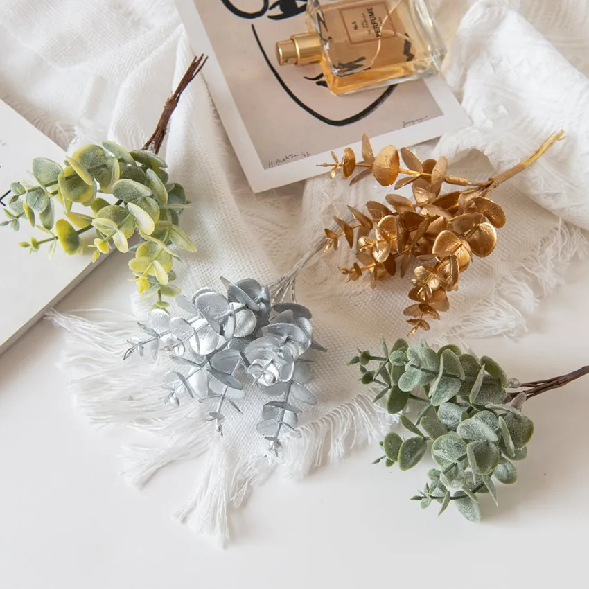

Gold 6Pcs Eucalyptus Leaves Plastic Flowers Fake Plant Christmas Decorations for Home Outdoor Garden Wedding Artificial Wreaths