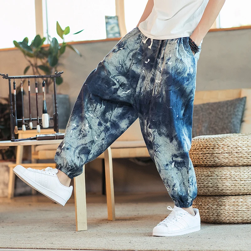 Men Bohemia Printed Trousers Japanese Harajuku Streetwear Casual Pants Chinese Style Cotton Linen Fashion Bloomers Nepal Bottoms