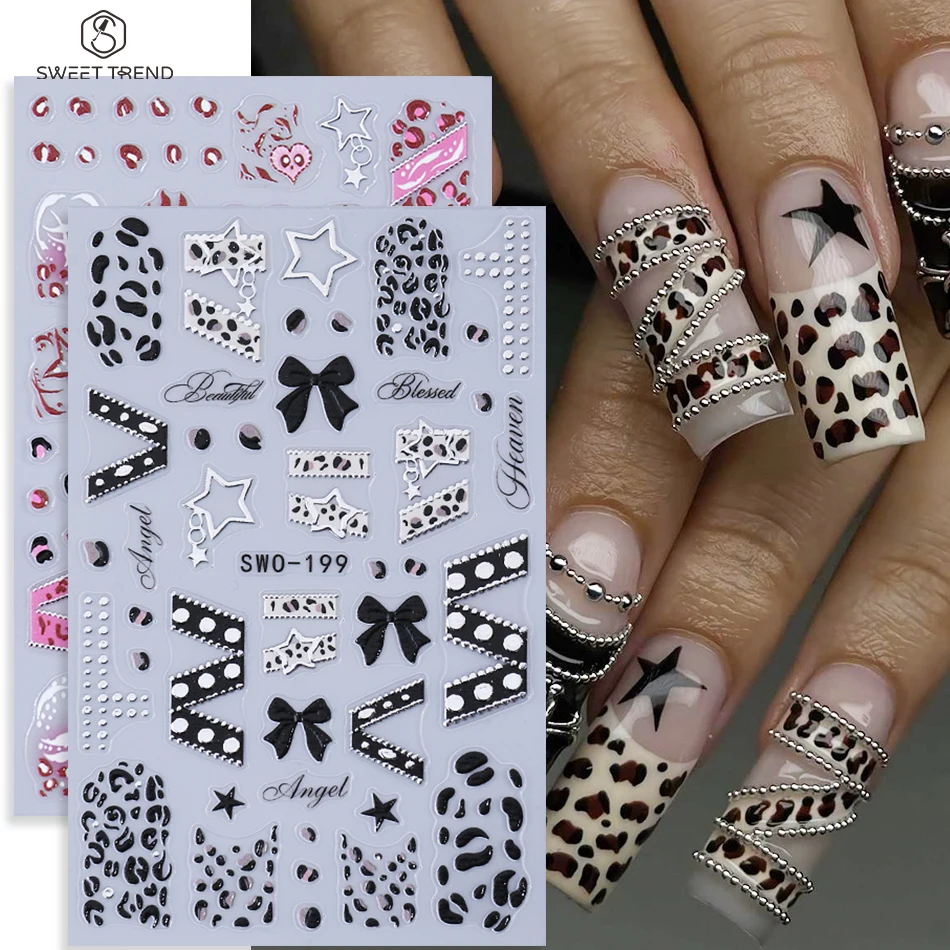 2pcs Y2K Embossed Nail Stickers Black Pink Leopard Print Bow Star Letter Adhesive Nail Decals Sweet Cool Style Manicure Decor
