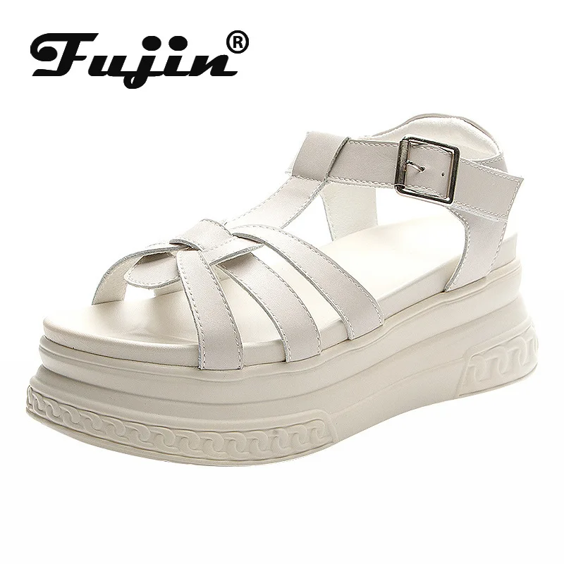 Fujin 7cm Genuine Leather Women Summer Shoes Platform Sandals Wedge High Heel Full Cow Women Slippers Shoes Slides Zapatos Mujer