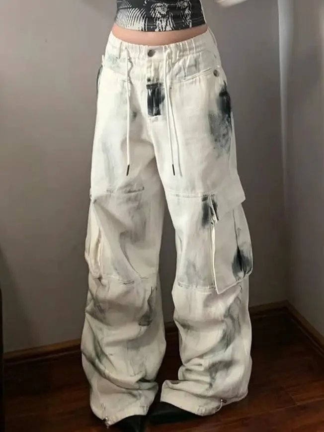 

American style trendy and personalized tie dyed men and women work pants hip-hop high street retro straight leg wide leg jeans