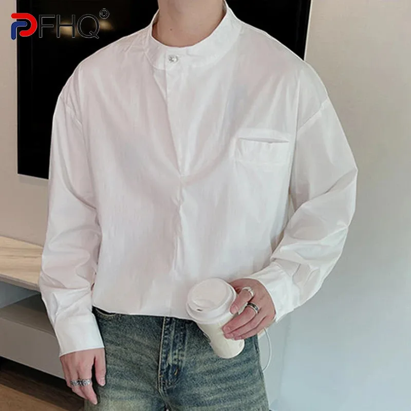 

PFHQ Minimalist Men's Shirts Stand Collar Chic Button Soldi Color New Autumn Long Sleeve Pullover Male Tide Menwaer 9C7117