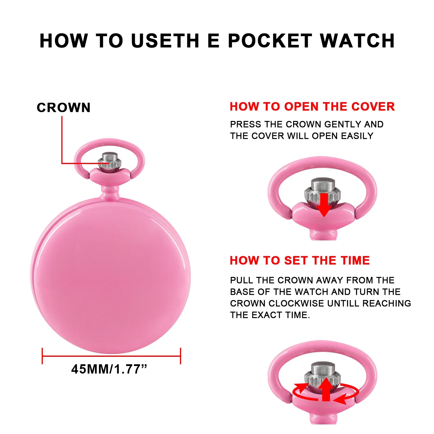 JOPocket FOB-Montre de Poche à Quartz Rose pour Femme, Interrupteur Collier, Crochet à la Taille, Cadeau d'Halloween et de Noël, 30cm