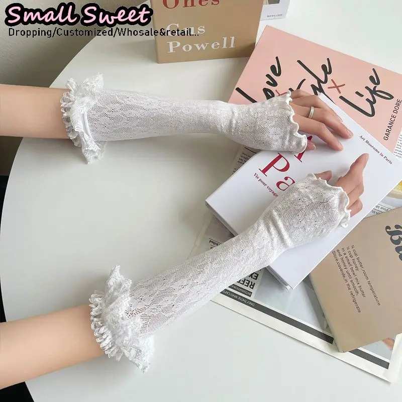 

Women's Harajuku White Arm Sleeves Summer Thin Ballet Style Lolita JK Lace Long Arm Covers Sun Protection Fingerless Gloves