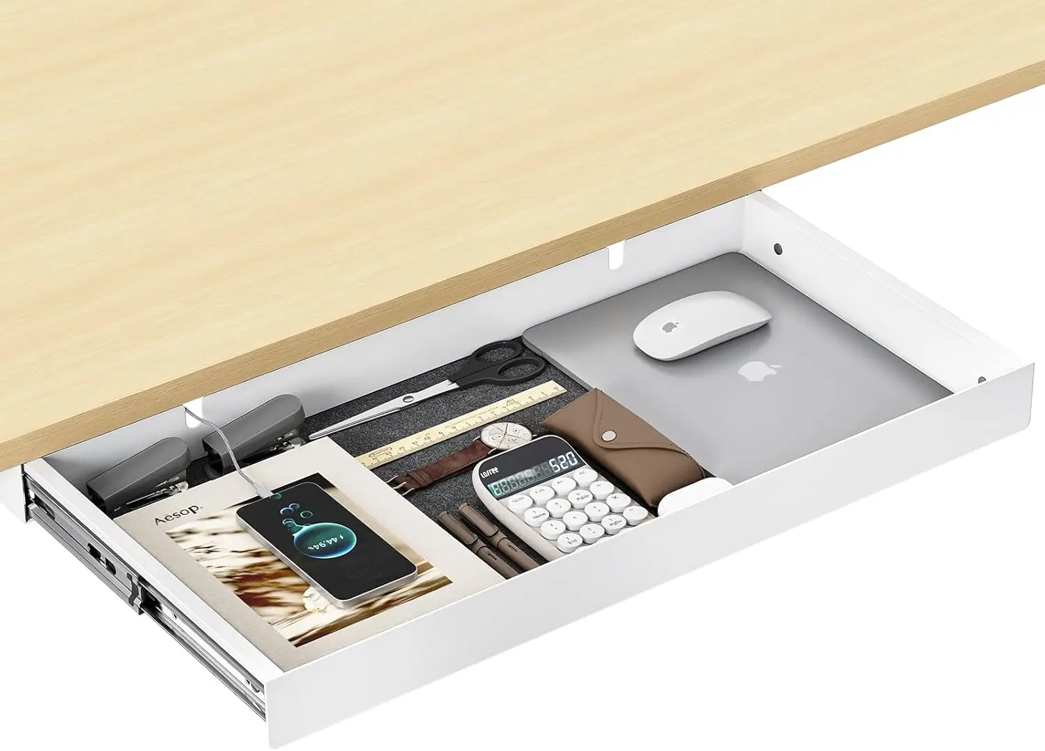 

Under Desk Drawer,20.1 inch Carbon Steel Slide-Out Under Table Storage Organizer With Full Extension Ball-Bearing Slides
