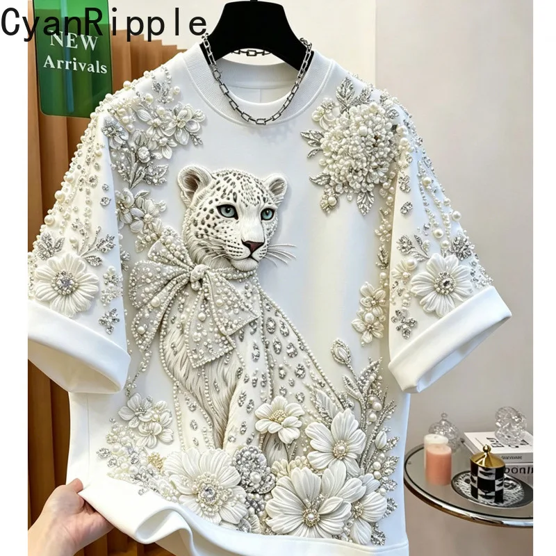 All-match New Spring Summer Loose Women T-shirt Elegant Round Neck White Casual Tees Luxury Diamonds Beads Short Sleeve Tops