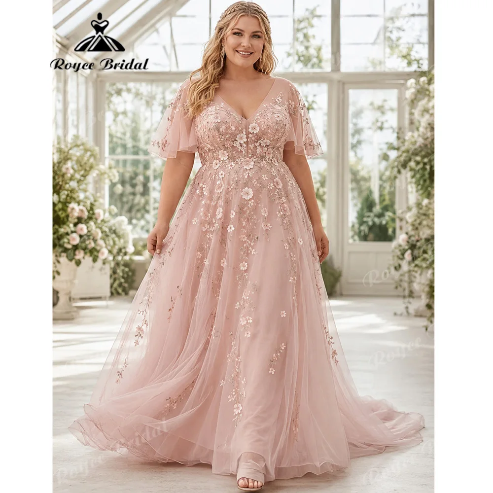 2027 Plus Size Blush Pink A Line Wedding Dress V Neck Flutter Short Sleeve Tulle 3D Floral Embroidery Vestido De Novia Customize