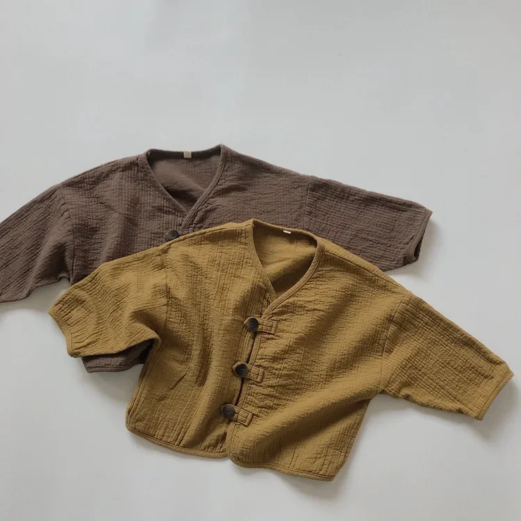 

Korean Style Retro Solid Color Children Cardigan Tops Toddlers Kids Casual Jackets 2025 New Spring Baby Boys Cotton Linen Coats