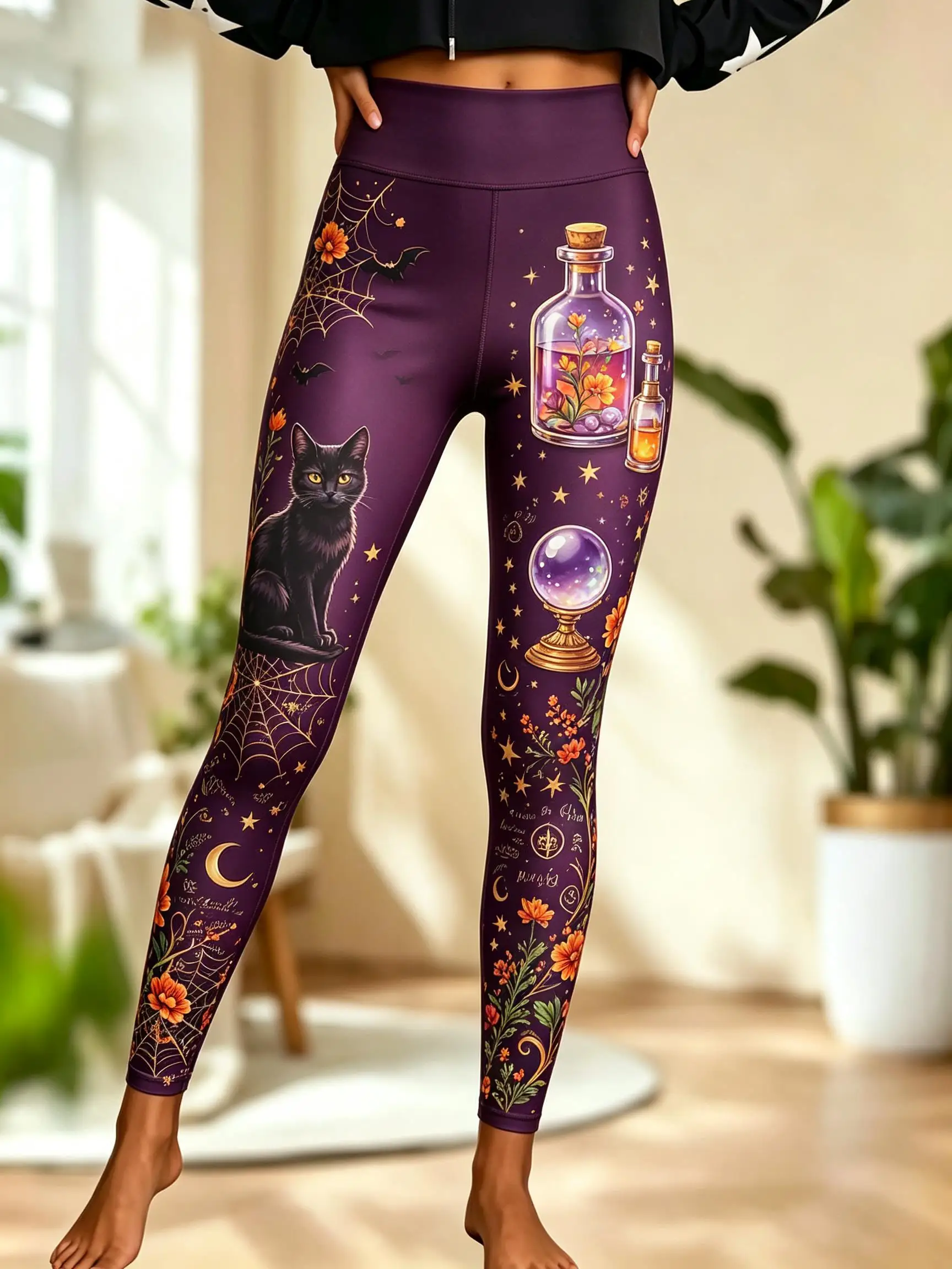 Women Fleece‑lined Mid‑rise Leggings Gothic Castle Owl Bat Print Slim Stretch Pants Halloween Casual Trousers - view 5