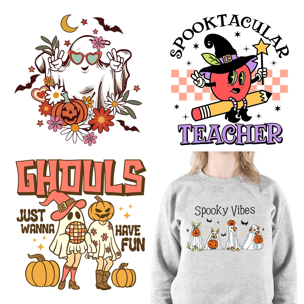 

Happy Spooky Teacher Ghouls Vibes Thermal Decals Iron On DTF Halloween Festival Heat Transfers Ready To Press For T-shirts