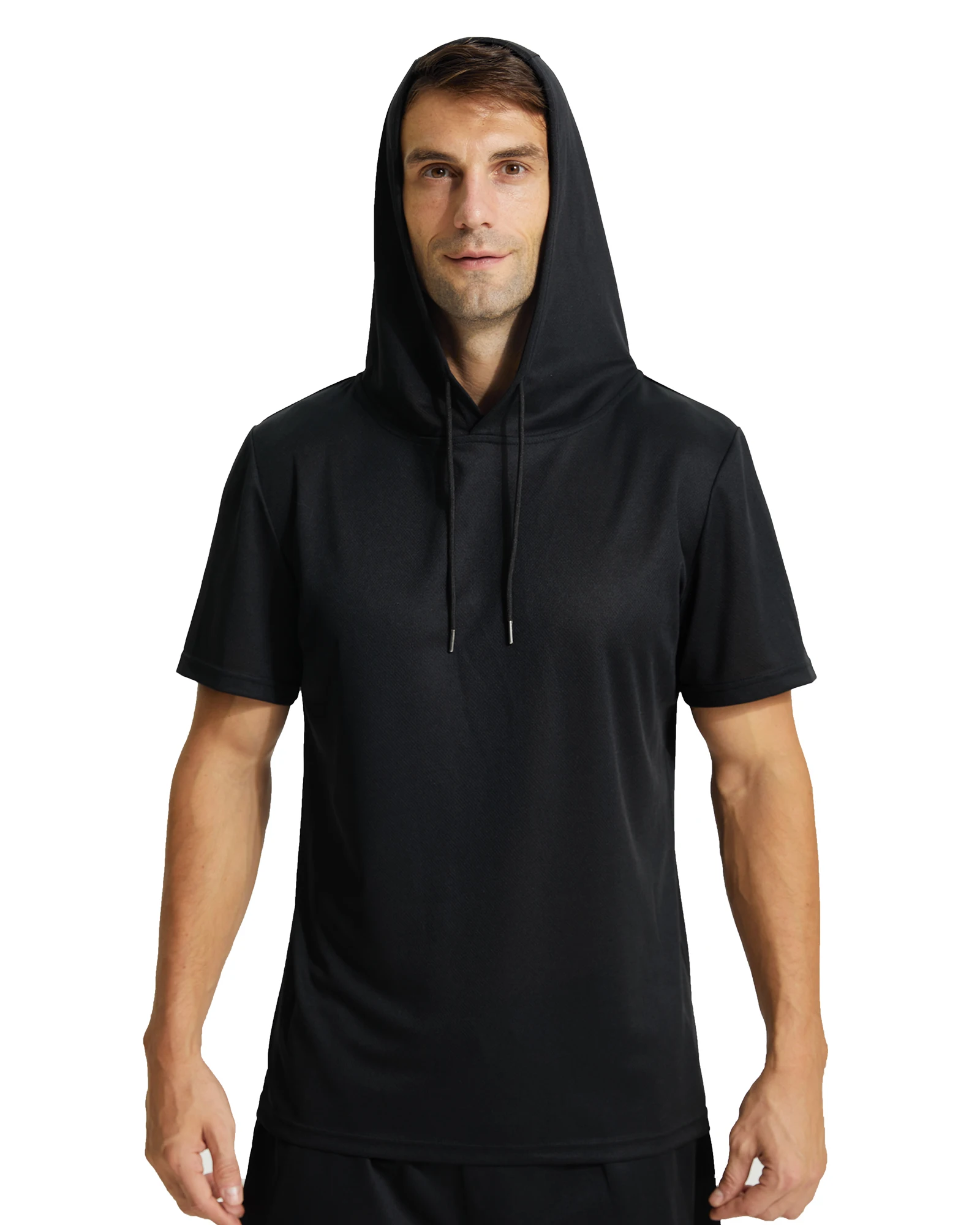 Camisas de treino com capuz masculinas, manga curta, ajuste muscular, ginásio, correndo camisetas, moletom com capuz