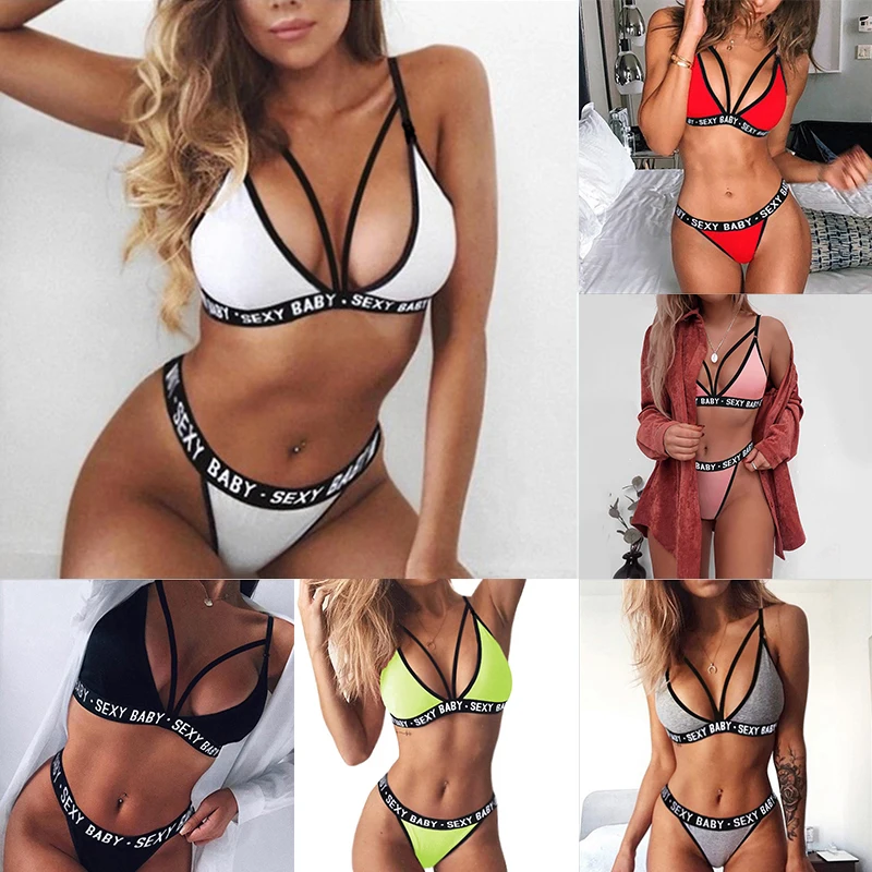 Women Sexy Lingerie Women Bra Panties Set  Female Underwear Nightwear Bikini Sexy Push Up Bra Thong Letter Print Bralette