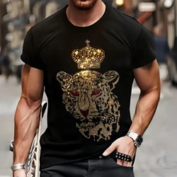 Fashion Mens Quality T-Shirts Summer Casual Street Short Sleeve Clothing Tee Tops O-Neck Leopard Rhinestone Draily Tshirt Y2k