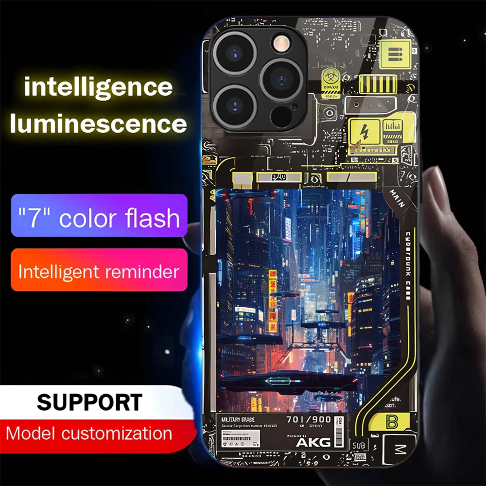 

Luxury Punk City Voice Sensing LED Light Up Glowing Luminous Phone Case For iPhone 16 E 15 14 13 12 Pro Max 7 Plus X XR