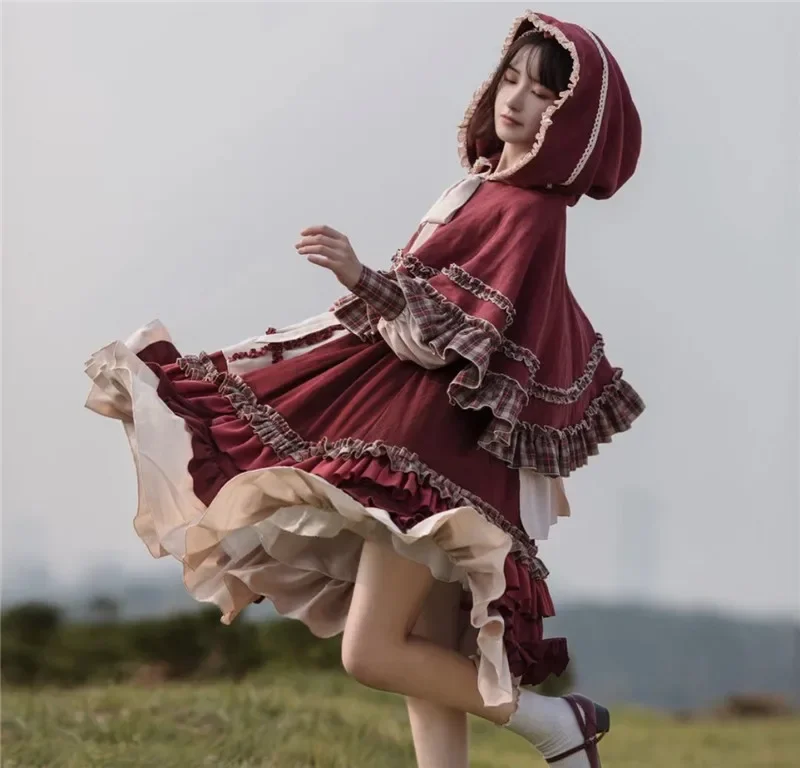 2022 HOT Sweet Girl Lolita Women Dress Vintage Patchwork Red Dress with Cloak Cute Female Bing Cosplay Little Red Riding Hood