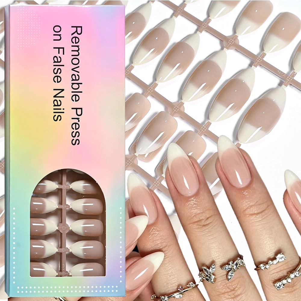 1box Gray-white Gradient Almond Fake Nails White French Full Cover Almond Press On Nails Milk Tea Color Wearable False Nails