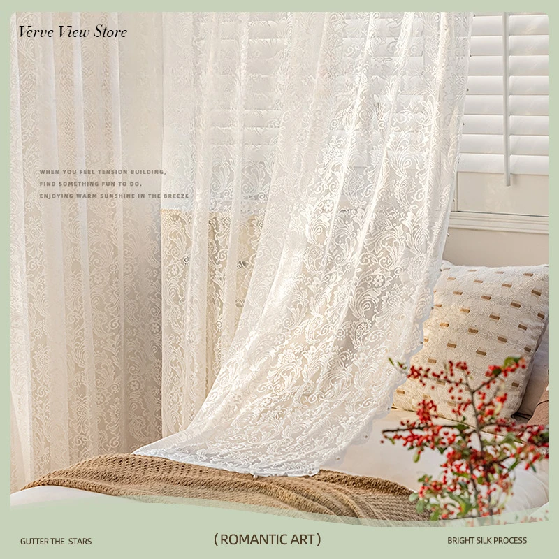 

Verve White Voile Lace Floral Tulle Semi Gauze French Sheer Curtains for Living Room Bedroom Door Window Decoration