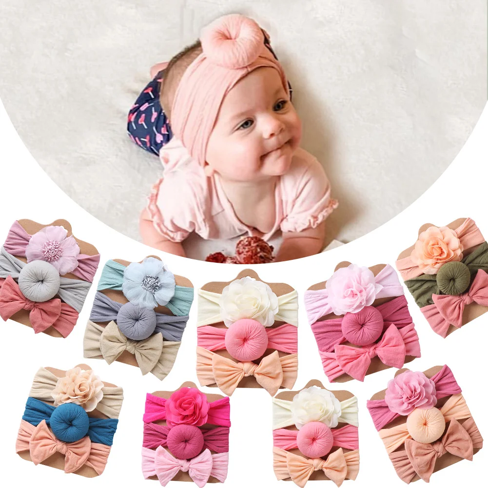 

3Pcs/Lot Solid Nylon Baby Headbands Lace Flower Bow Hair Bands Newborn Donuts Headwraps Cute Fashion Kids Headwraps