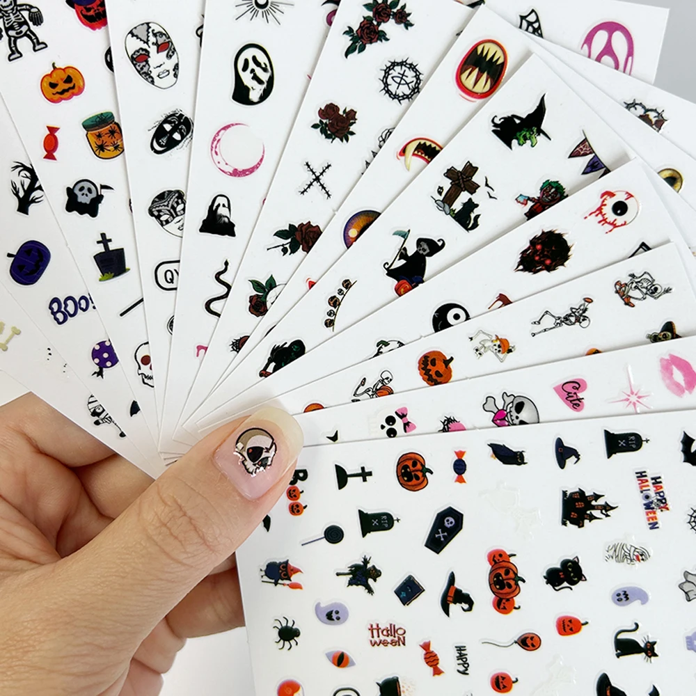 

12Pcs 2024 Halloween Cartoon Nail Art Stickers 10*8cm Pumpkin lantern/Ghost/Black cat/Eye Design Sticker 3D DIY Cute Nail Decals