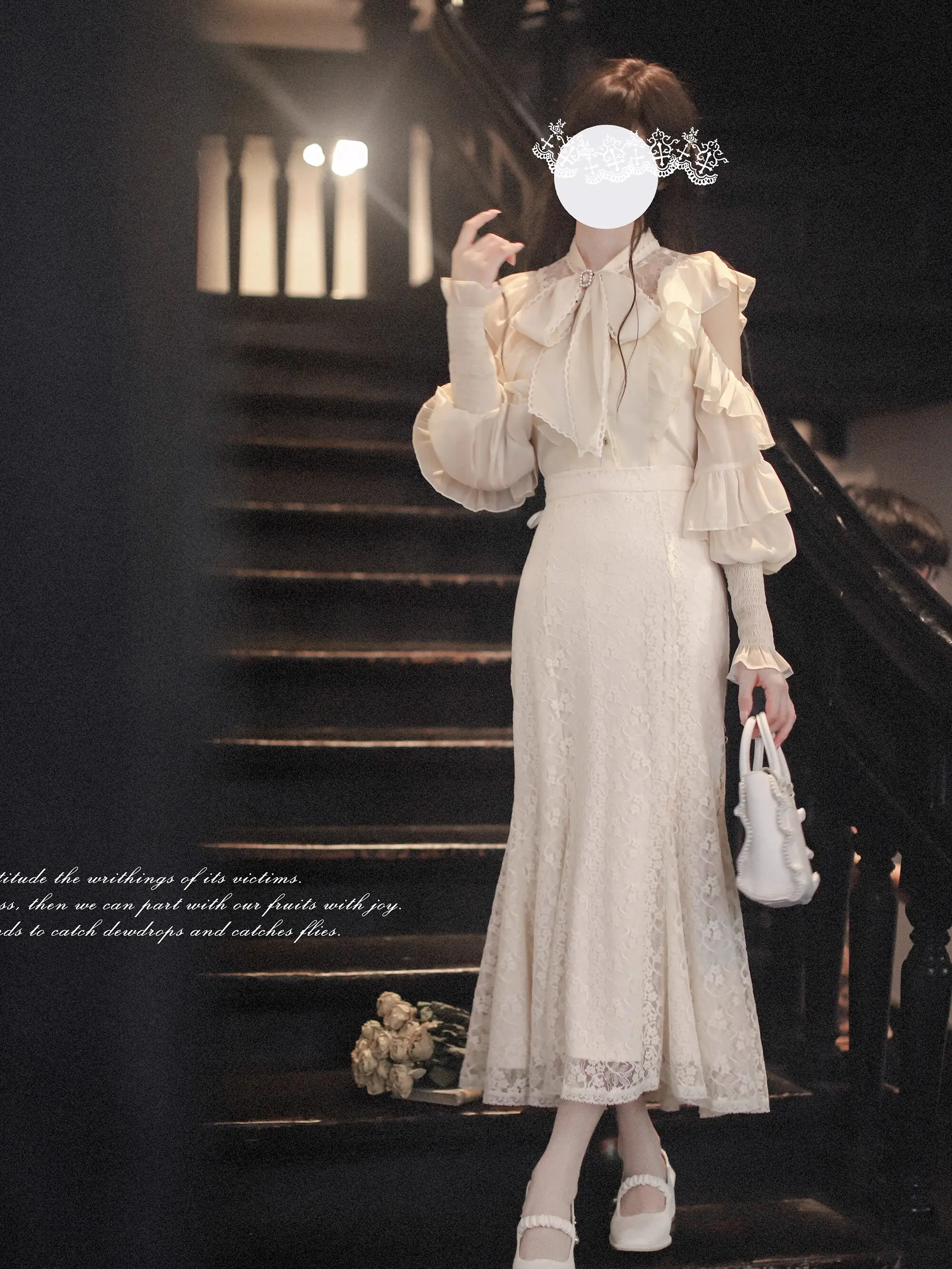 Conjunto de dos piezas de camisa y falda de manga larga japonesa Mine Lolita para mujer, falda de sirena de encaje dulce y elegante, primavera y otoño