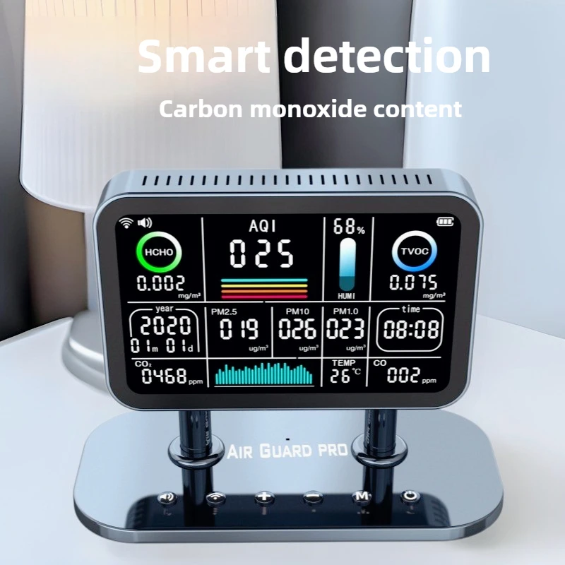 أحدث التطبيق الذكي على الجدران لسطح المكتب المنزلي يتحكم في الفورمالديهايد PM2.5 أول أكسيد الكربون كاشف الهواء الداخلي متعدد الوظائف