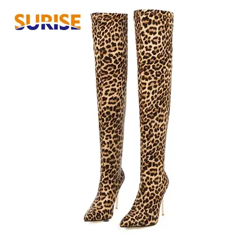 Plus Size Stretch Leopard Over Knee Boots High Thin Heels Pointed Toe Winter Fur Sexy Ladies Long Thigh-high Stripper Sock Boots
