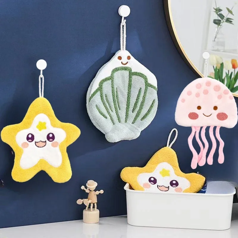 Starfish & Jellyfish Towel Set Cute Coral & Shell Velvet Kitchen & Bathroom Hand Towels for Children Absorbent Non-Shedding