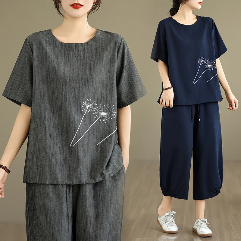 

Модный комплект из хлопка и льна: футболка с коротким рукавом и широкие брюки для женщин, весна-лето, новинка, дышащий материал