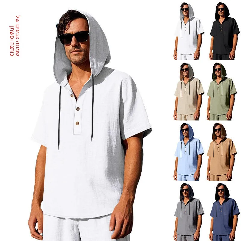 

Men's Summer Casual Loose Linen Short Sleeve Shirt with Hat Beach Style Button up Henley Top Comfortable Sporty Unisex Garment