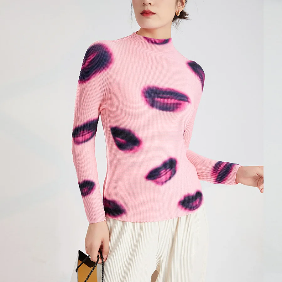 

Miyake Pleated T-shirt Blouse Women Long-sleeved Half-high Neck Bottoming Shirt Europe United States Personality Female Pullover