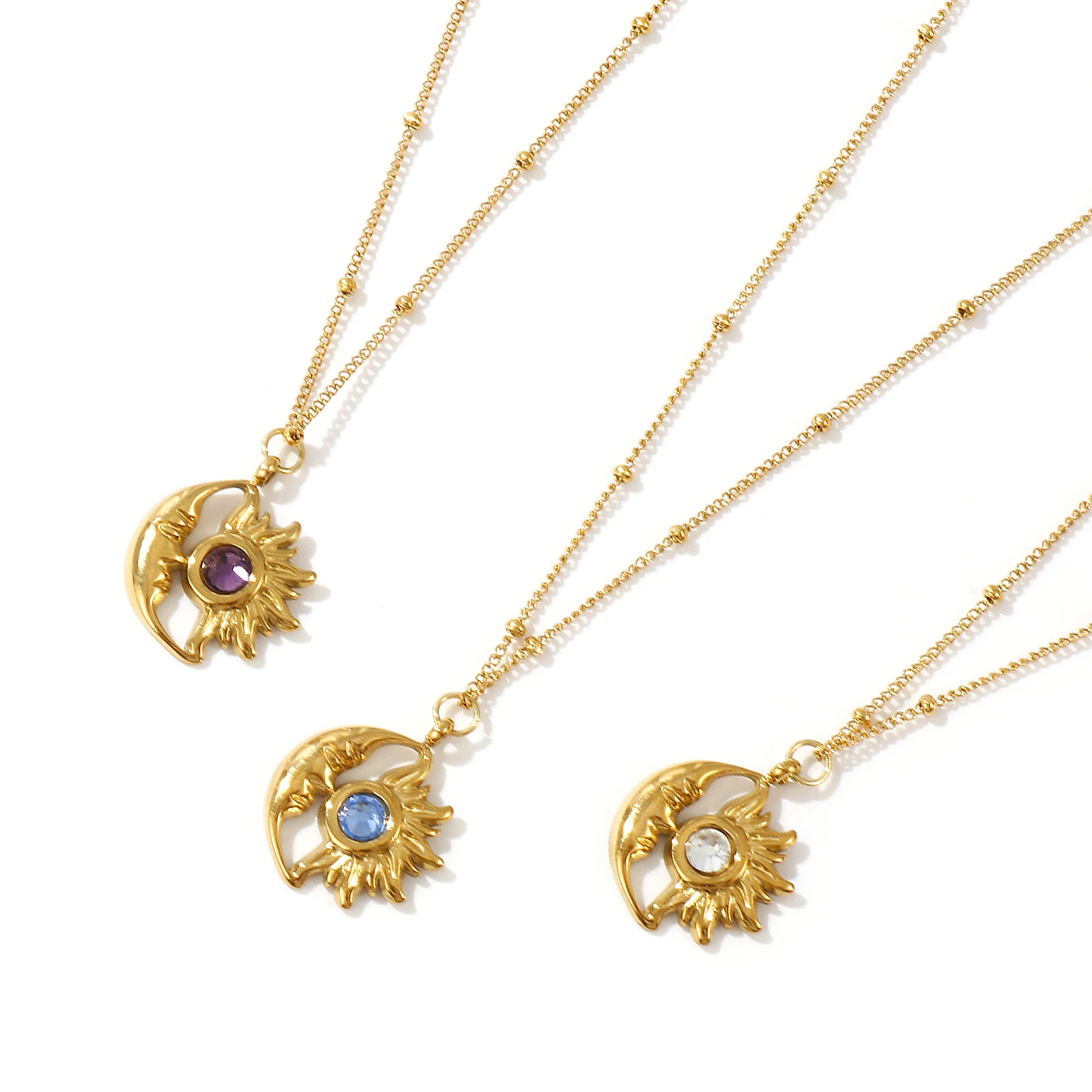 304 Stainless Steel & Rhinestone Birthstone Necklace 18K Gold Plated Curb Link Chain Sun & Moon Pendant Charm Necklace 45cm +5cm