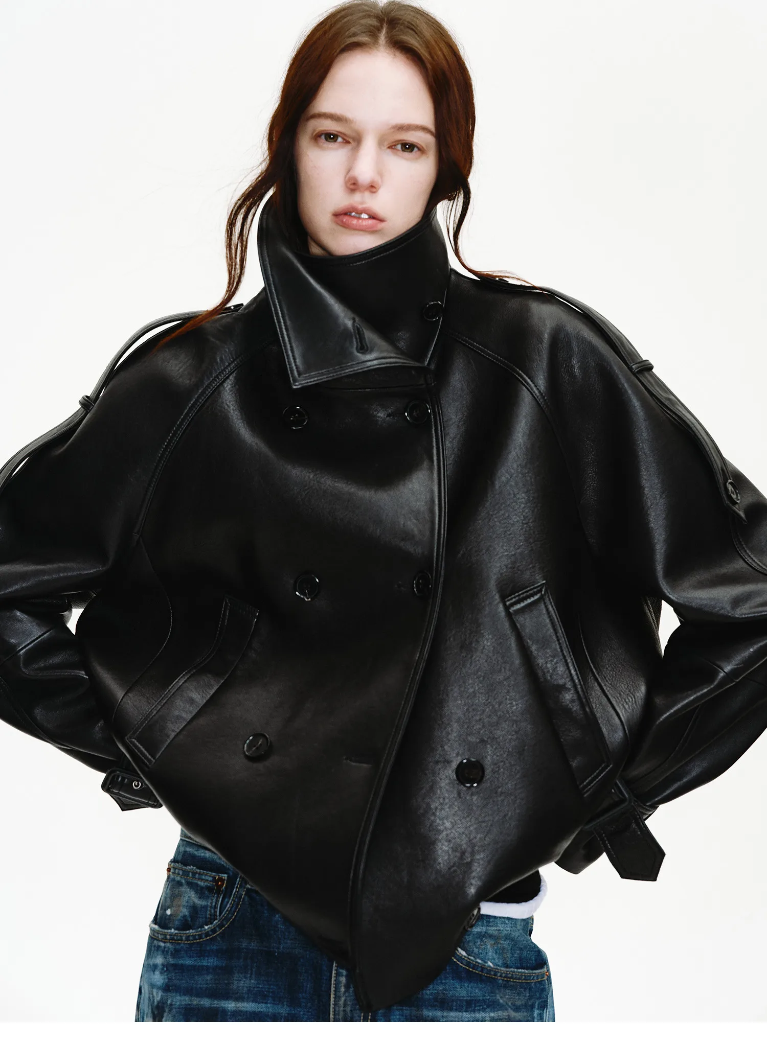 Lautaro Spring Autumn Cool Handsome Oversized Black Pu Leather Jackets for Women Double Breasted Luxury Designer Clothes Fashion