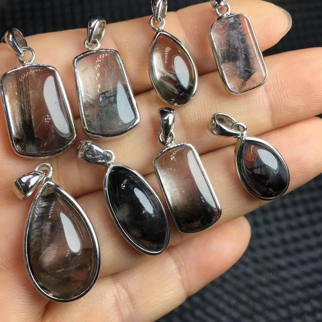 

Unit One Piece 925 Silver Buckle With Natural Black Silver Titanium Quartz Quartz Crystal Healing Random Pendant For Gift