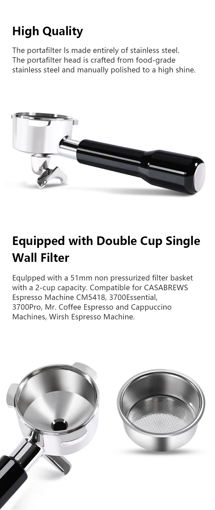 Kaffee-Siebträger mit Doppelauslauf 51mm für Homix H11 Oster Cecotec Hibrew Ersatzfilterkorb Espressomaschinen-Zubehör – Detail 6