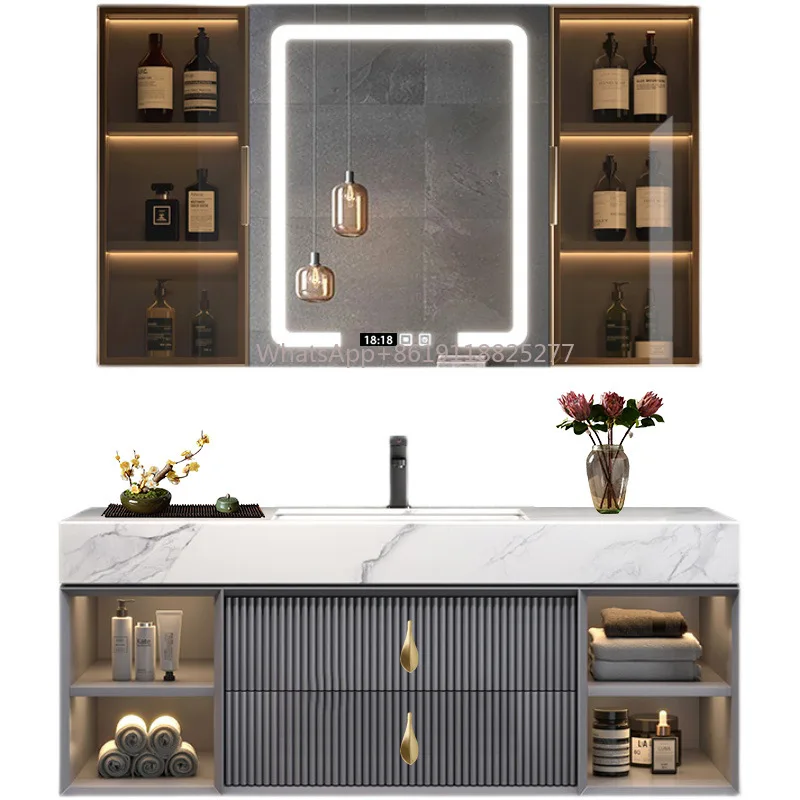 Kabinet mebel kamar mandi kabinet rias lampu LED cerdas vanity kayu modern mewah