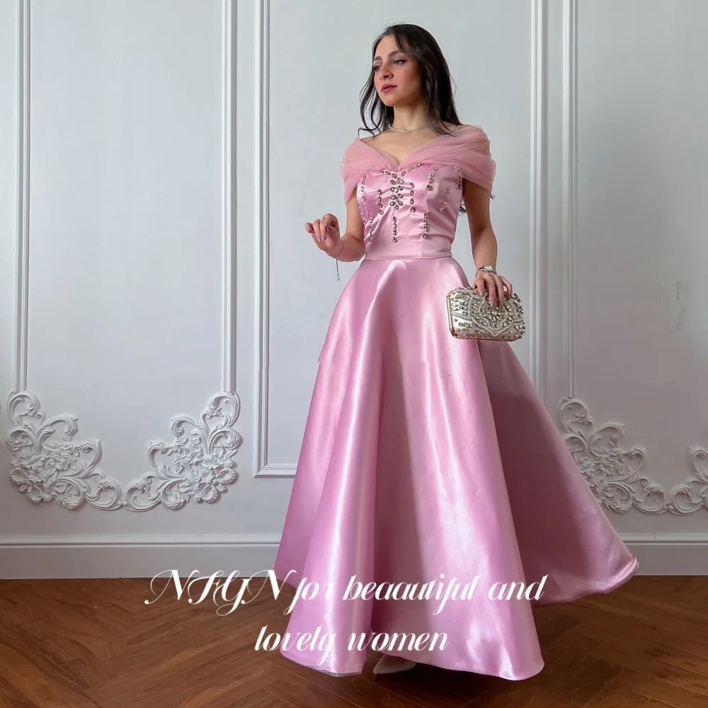 

NFYN Pink Elegant Formal Gown Off the Shoulder Prom Dress with Rhinestones A-Line Evening Dress for Woman حزب فساتين Customized