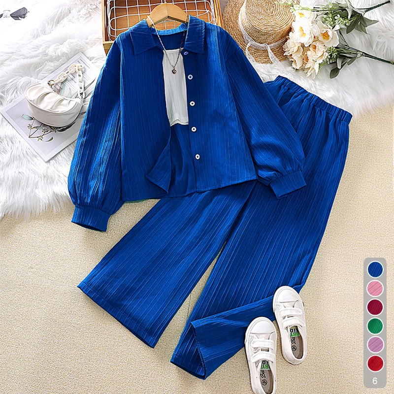 Kids Clothes Children Sets 8-12 Years Long Sleeve Lapel Cardigan Shirt + Long Pants Two-piece Set Multiple Wear