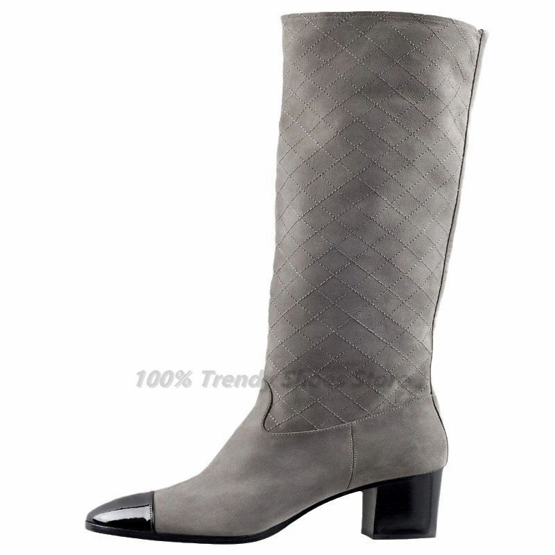 

Grey Black Patchwork Round Toe Thick Heel High-heeled Fashion Show Plus Size Long Boots For Women Foreign Trade