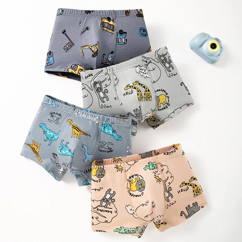 4-Piece Boys Boxer Briefs High Quality Comfortable Cotton Children Boxers Shorts Car Dinosaur Various Patterns Kids Underwear
