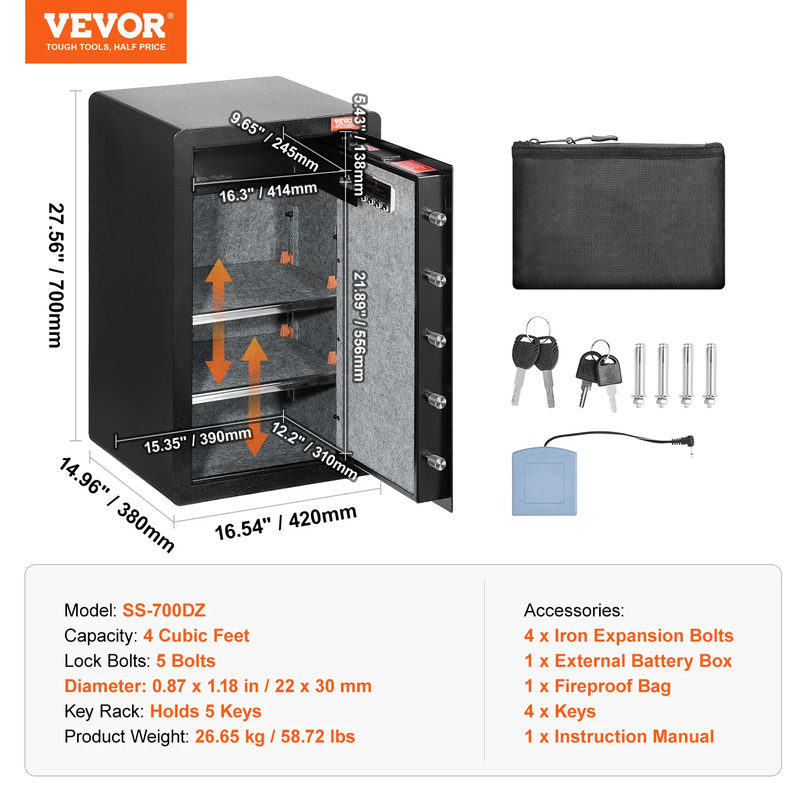 SucceBuy Enkele deur 4,0 cu.ft kluis met sleutelslot Wachtwoord en vingerafdruk Safe Lock Box met vuurvaste tas Sleutelrek en LED-licht