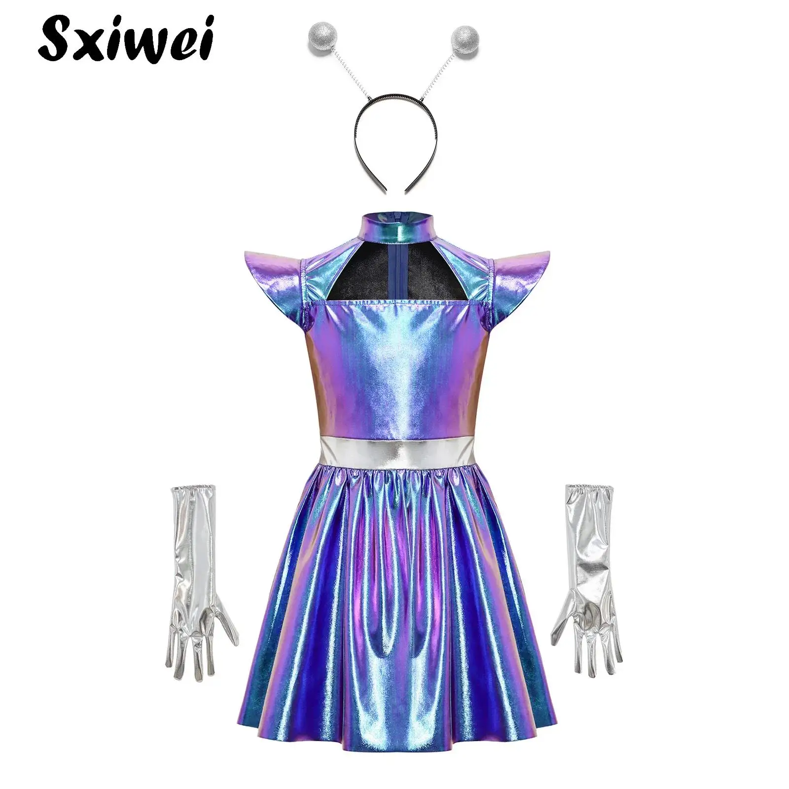 Girls Halloween Robot Space Astronaut Costumes Kids Metallic Shiny Alien Tutu Dress with Gloves Hair Hoop for Future World Party