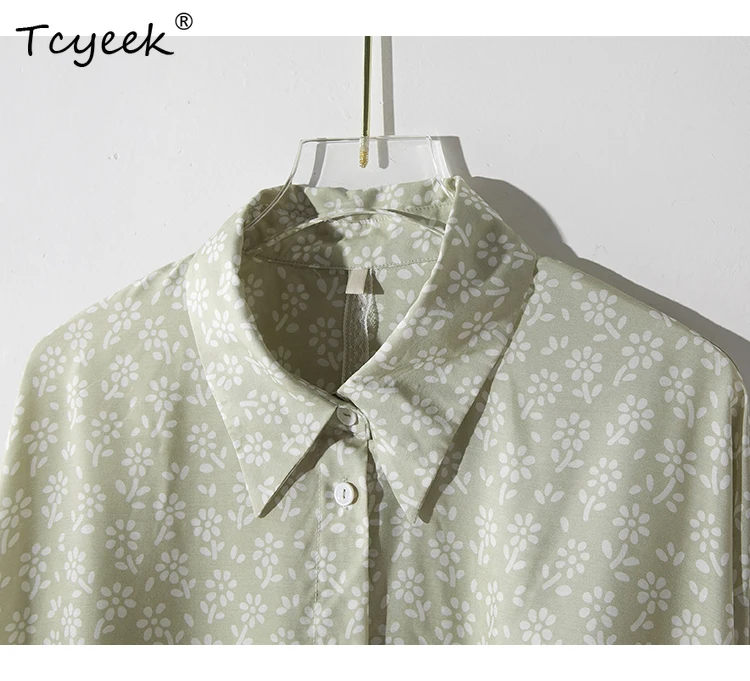 Tcyeek, Elegancka koszula z 30% naturalnego jedwabiu, damska koszula z długim rękawem i kwiatowym kołnierzykiem, luźna bluzka w stylu retro, lato 2024, jesień T47104QM