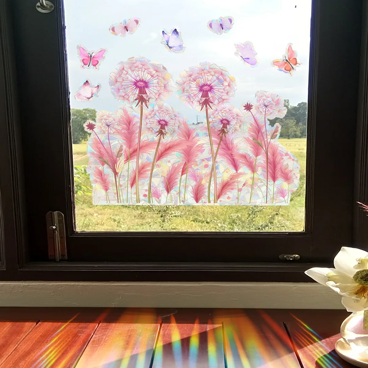 Creative trend fresh and simple pink dandelion butterfly Sun glare electrostatic glass window sticker best-selling